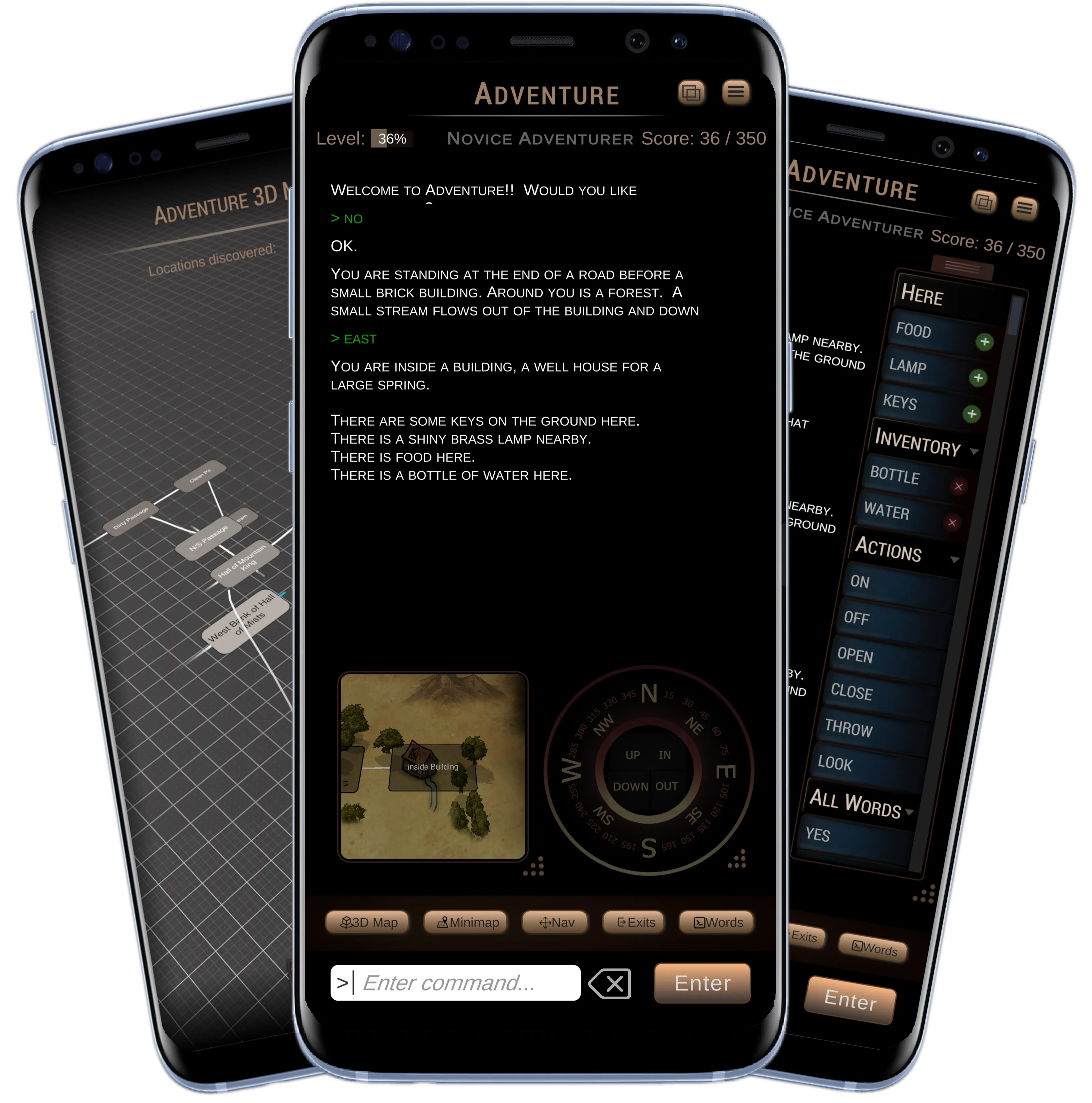 Three screenshots of Colossal Cave mobile app features